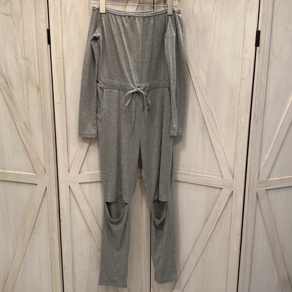 Gray off-the-shoulder jumpsuit